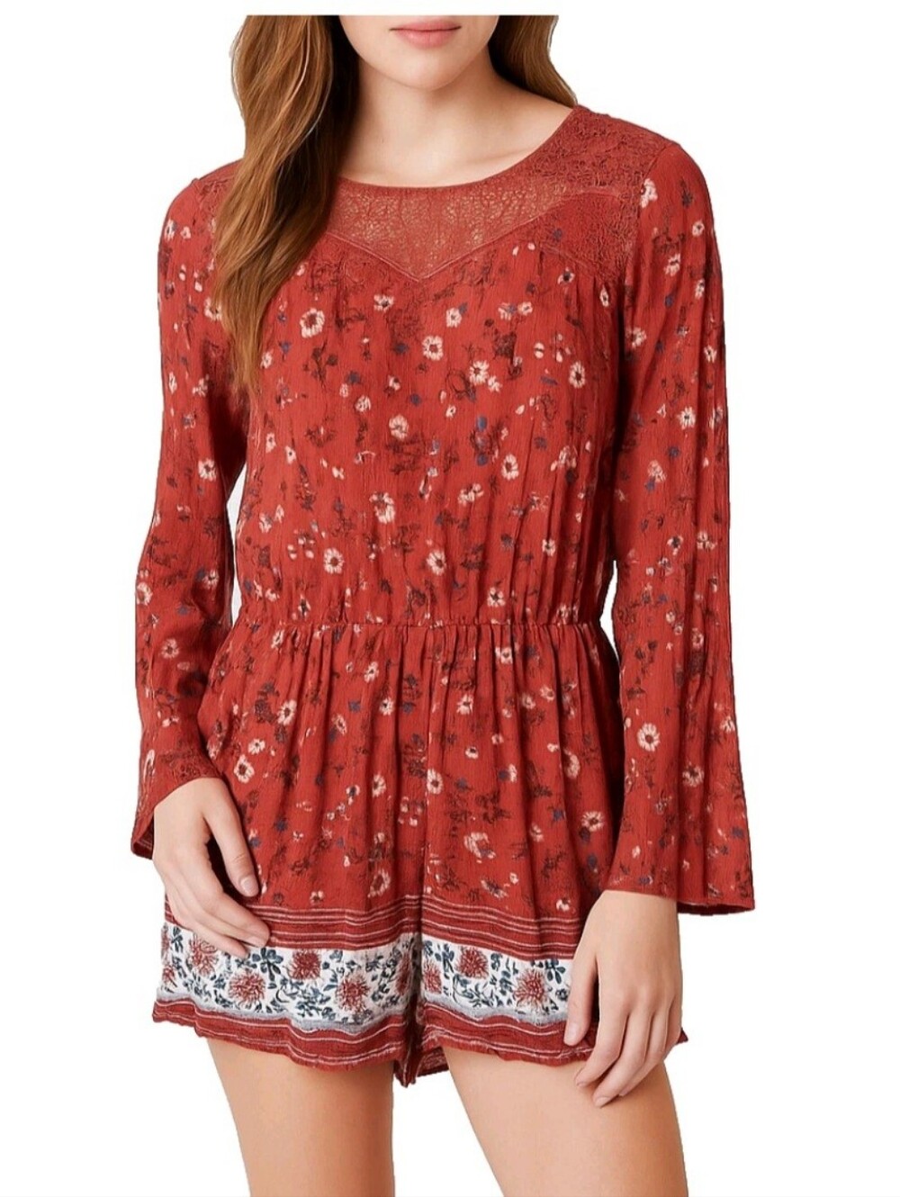 Rust Floral Long Sleeve Peasant Romper